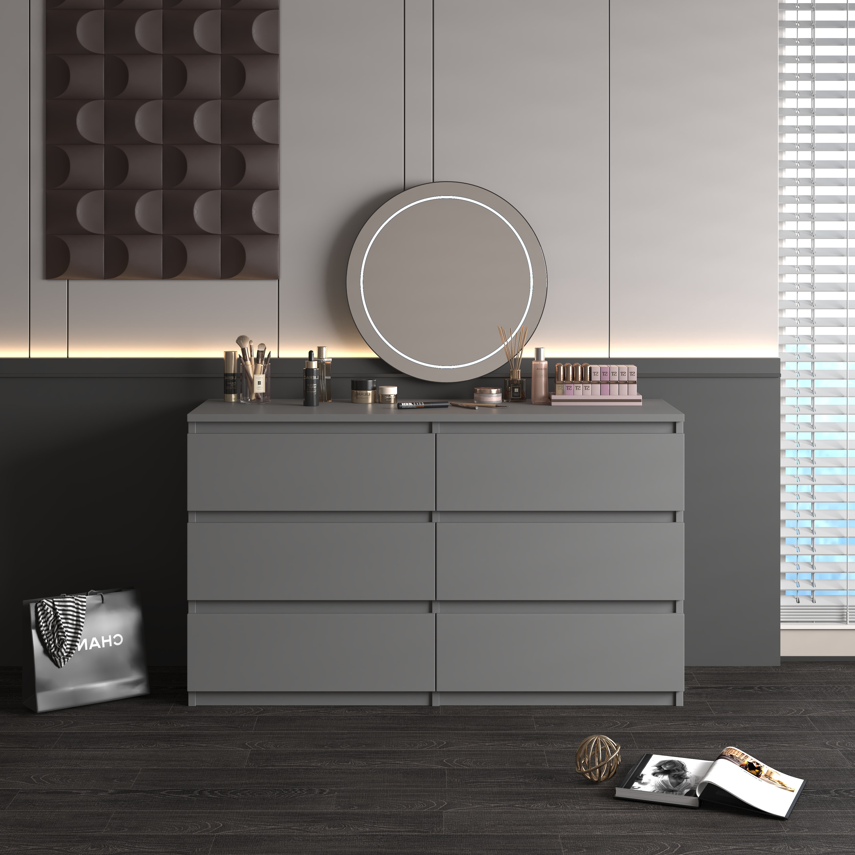 Miniyam 6-Drawer Dresser, Matte Waterproof Finish, Anti-Tip, Gray, Minimalist Design for Adults
