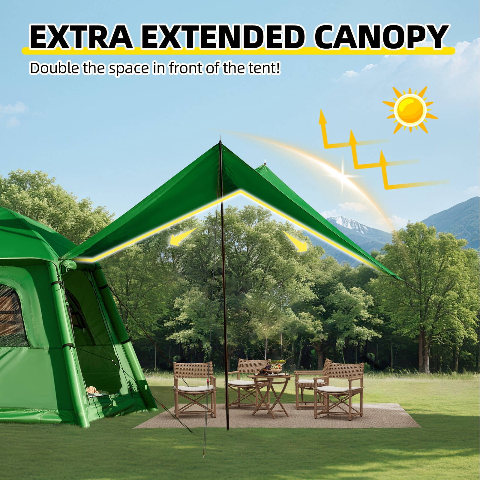 EROMMY Inflatable Camping Tent with Extended Canopy, Easy Set-up 4 Season Air Tents with Inflator for 2-4 Persons，Green