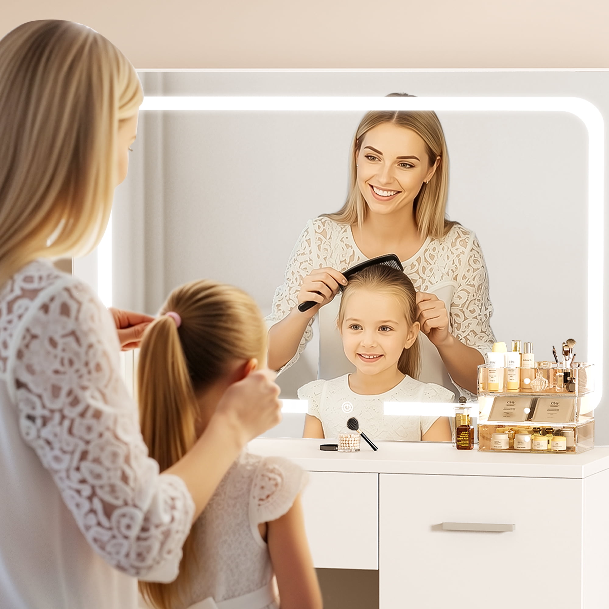 LIVELYGLOW Vanity Set with Mirror&Stool,Makeup Vanity Set with Power Outlet,Vanity Dressing Table with LED Light for Bedroom,White