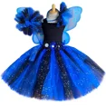 thumbnail image 2 of Vestido de tul de hada azul y negro brillante para niñas, vestido de fiesta de cumpleaños, vestido de princesa con flores de tul, disfraz de Halloween para niños, conjunto de alas, 2 of 5