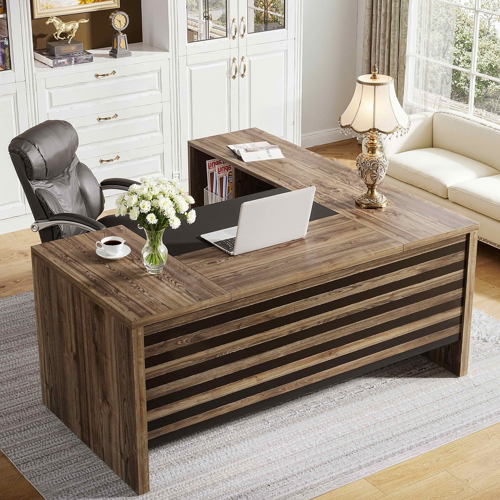 MAYEERTY 66.2" L-Shaped Executive Computer Desk with Rolling Mobile File Cabinet, Water & Scratch Resistant Thick MDF Workstation, 450 LBS Weight Capacity with Lockable Casters for Home Office