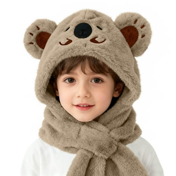 Toddler Cute Hooded Scarf Girls Boys Fleece Animal Ear Protection Hat Scarf Soft Fuzzy Cold Weather Cozy Hat Coffee, 2 Years