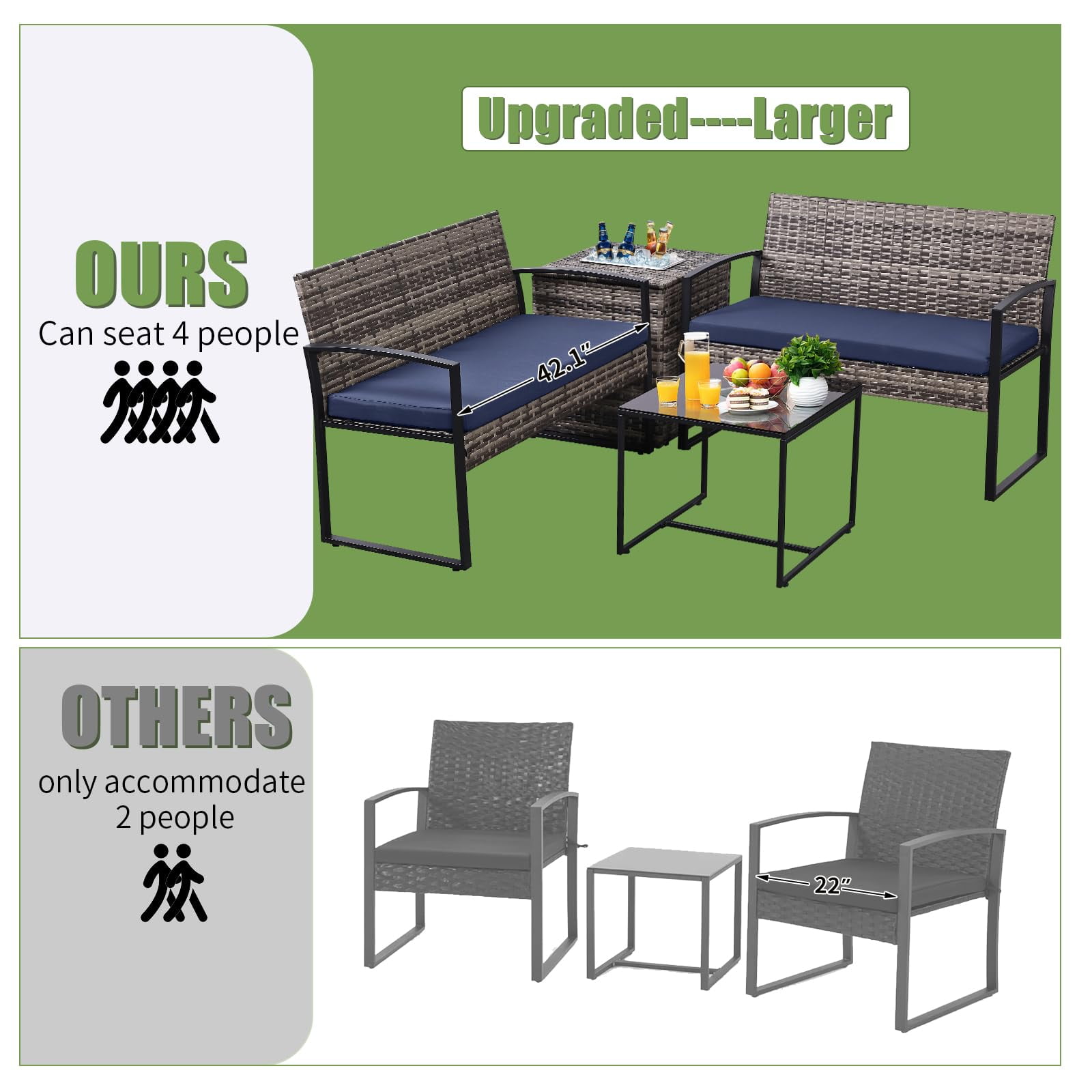4 Piece Outdoor Patio Furniture Set,Wicker Conversation Sets Patio Sofa Couch with Built-in Beverage Cooler Storage Box & Coffee Table for Outside, Garden, Balcony, Porch,Grey/Blue