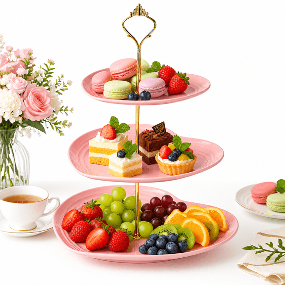 3 Tier Dessert Stand Heart Shaped Cake Plate European Style Snack Tray for Party Display Fruit Candy Dishes Food Safe Plastic Pink