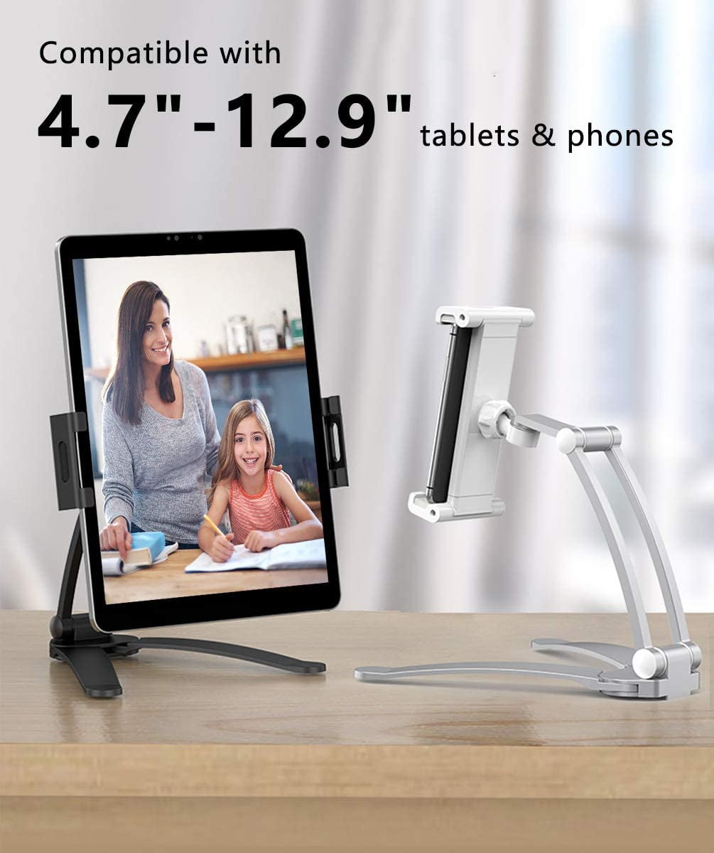 2 in 1 Kitchen Cabinet Tablet Holder, Wall Mount Desktop Stand for 12.9 Aluminum Alloy Metal Adjustable Multiangle Foldable Universal Phone Tablet Bracket Cooking Table Counter Top (Silver)