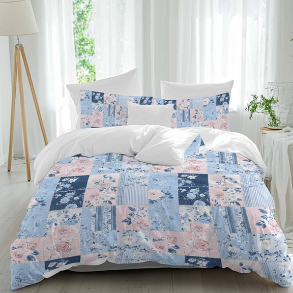 3 Piece Pink Floral Blue Duvet Cover Set Queen Size,Microfiber Comforter/Quilt Cover with Corner Ties and 2 Pillowcases,Farmhouse Botanical Vintage Leaves All Season Soft Bedding with Zipper Closure