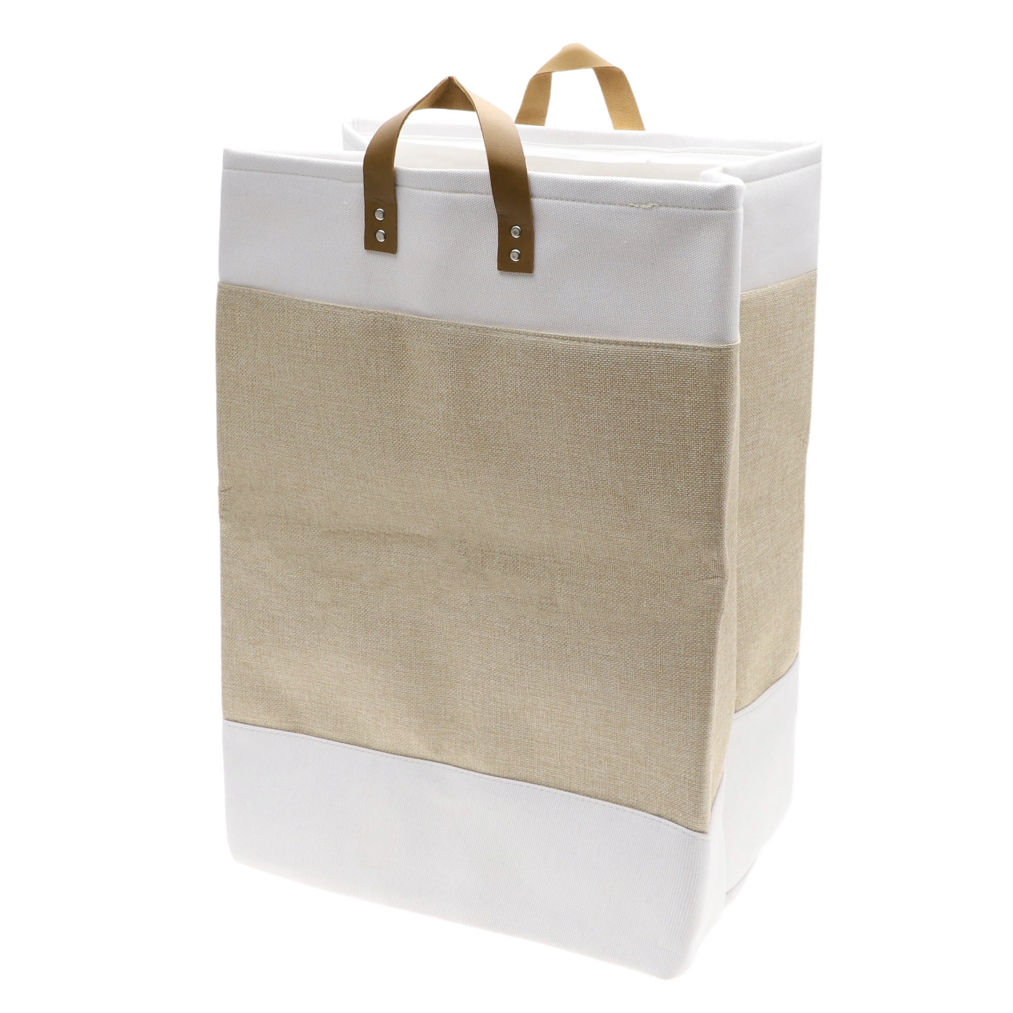 Unique Bargains Laundry Basket, Foldable Laundry Hamper with PU Handles Gray Beige