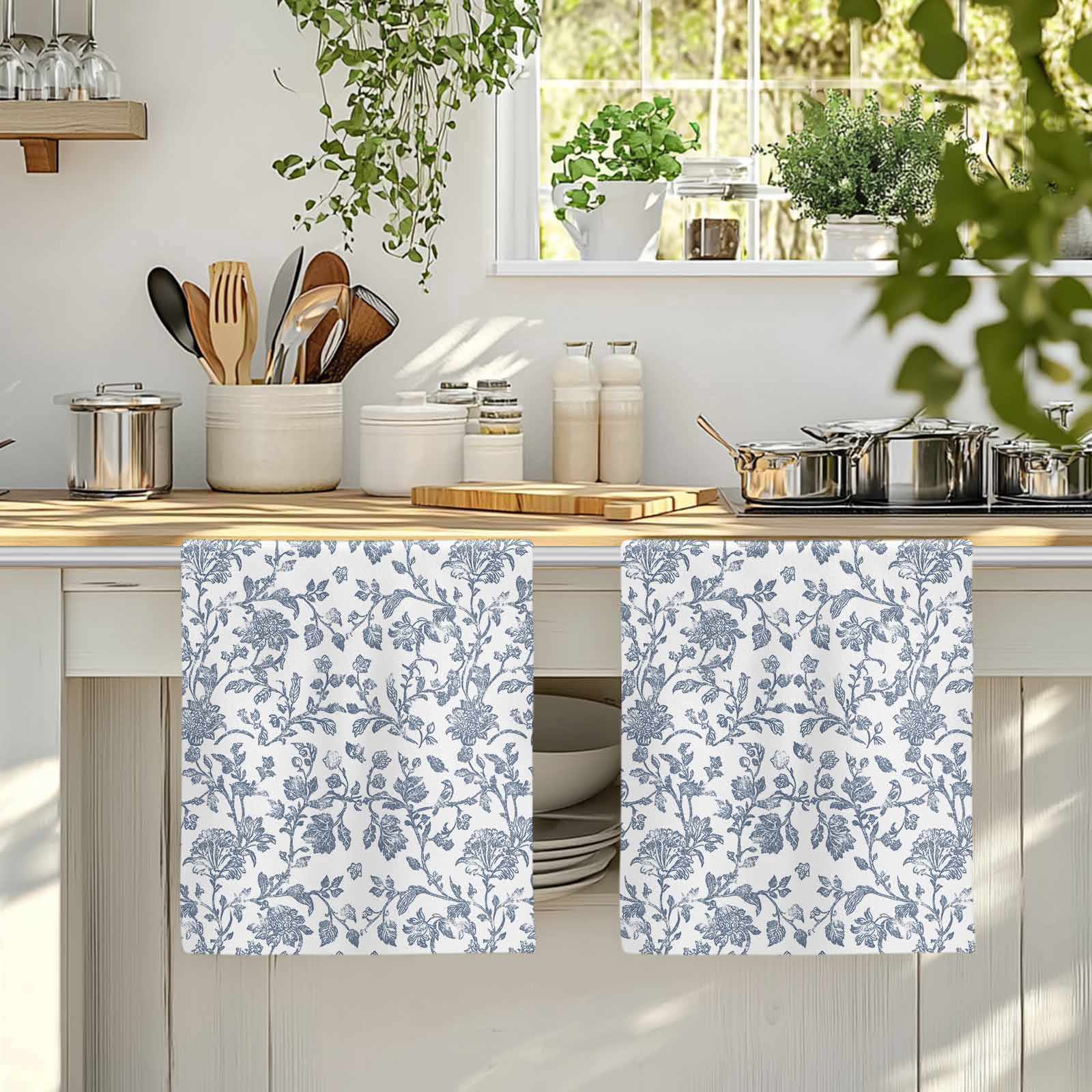 Blue Flower Kitchen Towels Set of 2, Vintage Farmhouse Boho Leaf Spring Summer Soft Microfiber Dish Towels, Absorbent Quick-Dry Washable Dishcloths for Kitchen Cleaning, Drying Dishes, 18x28 Inches