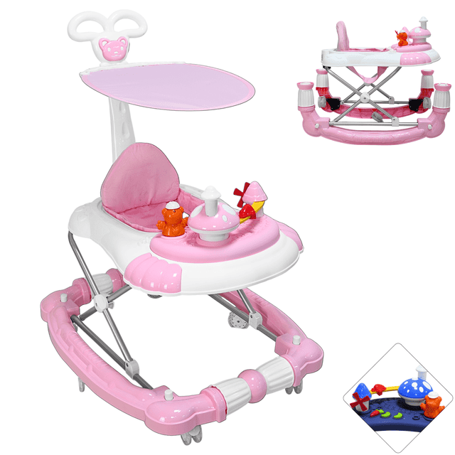Andadera para Bebé Mecedora Diseño de Hongo Musical Bastón con Toldo Altura Ajustable Plegable Ruedas de Goma - Rosa