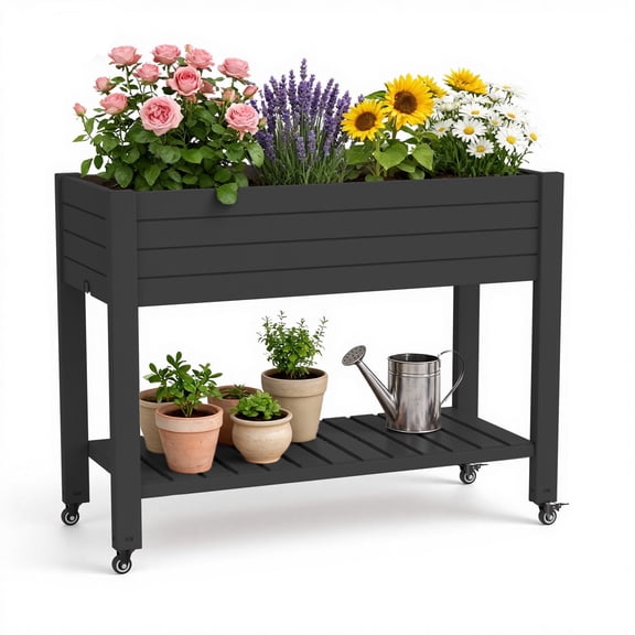 Joxxoaa Raised Garden Bed with Legs,Self-Watering Resin Planter Box with Lockable Wheels Drainage Plug and Gauge for Vegetables, Flowers, Storage Shelf for Tools and Accessories ，Independence Day