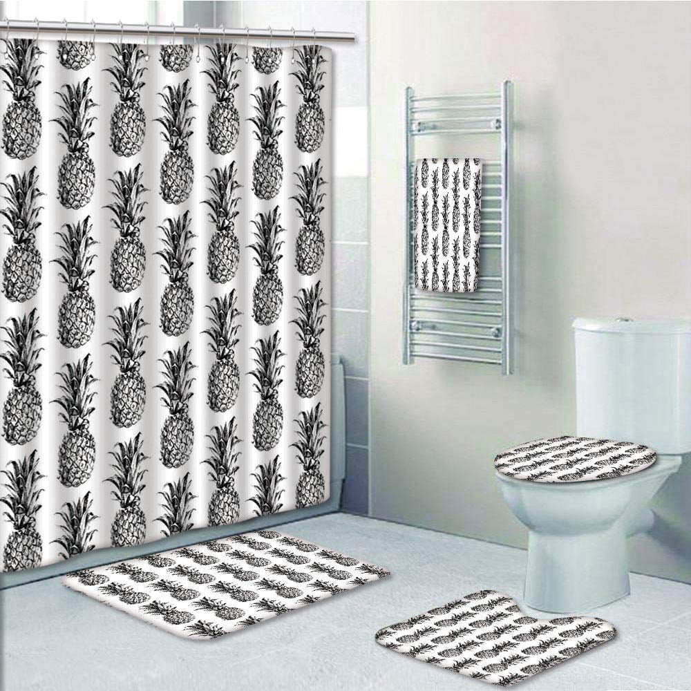 3D Fun Pineapple Shower Curtain Sets Bath Mat Toilet Cover Rug Bathroom Decor 
