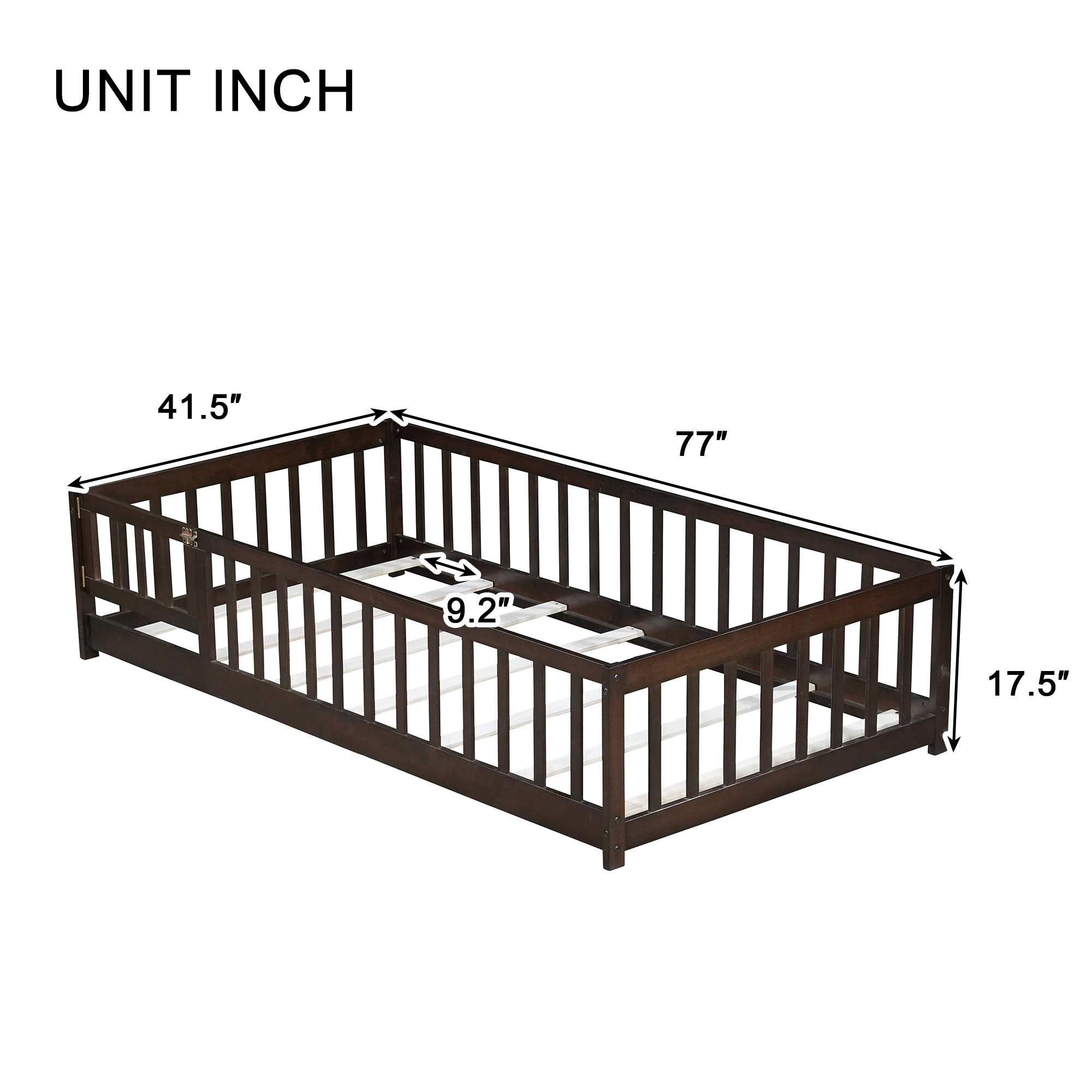 Mintazer Twin Floor Bed with Fence and Door, Montessori Bed with 17.5" Safety Guardrails for Kids Girls Boys, Coffee