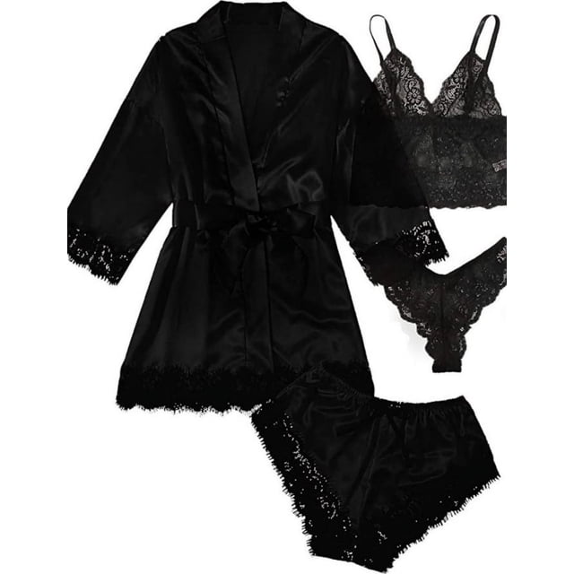 Conjunto de pijama de encaje de cuatro piezas para mujer, traje de tirantes, lencería sexy para mujer, bata de seda para dormir, encaje