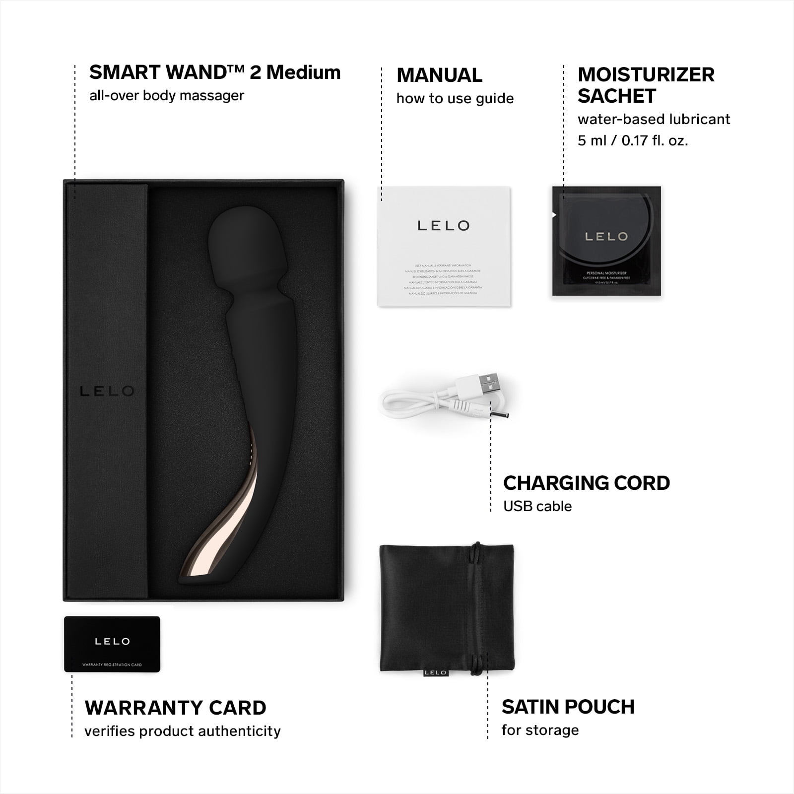 LELO SMART WAND 2 Medium Vibrating Wand Massager With 10 Pleasure Settings, Black