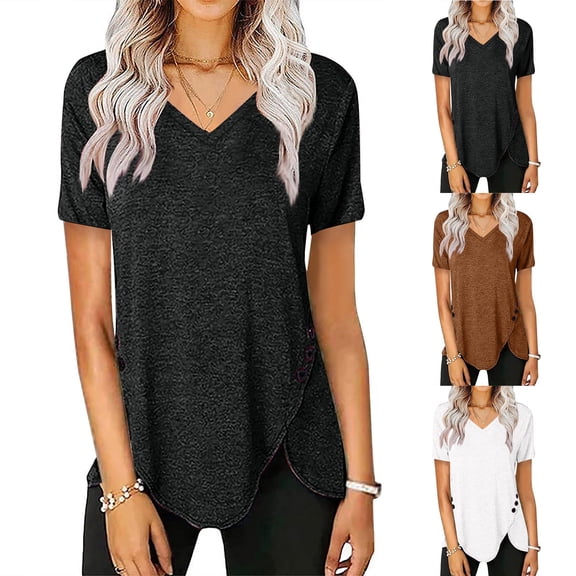 Kcolen Womens Blouses Woman Summer V Neck Summer Short Sleeve Elastic Comfy Solid Color Blouse Woman Summer Going Out Clothes Outfits 2026,Coffee
