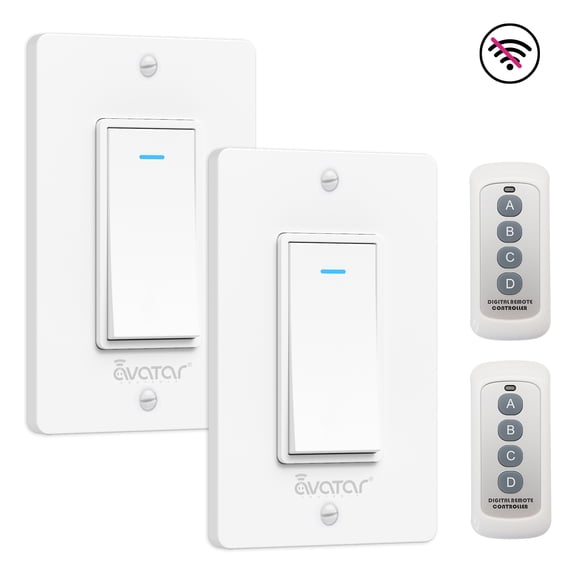 2 Pack Wall Light Switch with Remote Control Single Pole One-Way Wall Switch 2.4G Bluetooth Wireless Remote Neutral Wire Required
