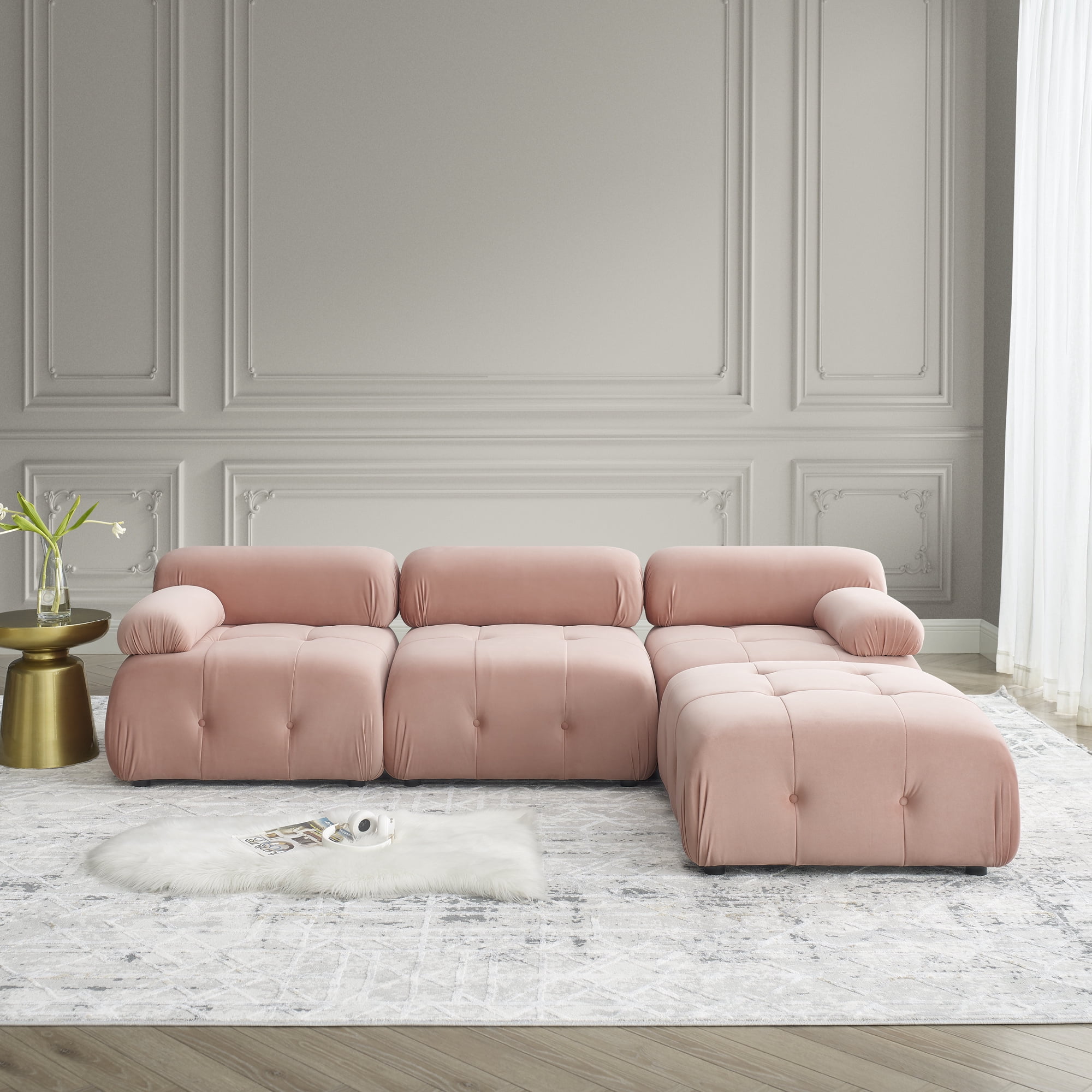 Aukfa 93" Sectional Sofa, Living Room Modular Couch with Ottoman, Pillow Top Arms, Velvet, Pink