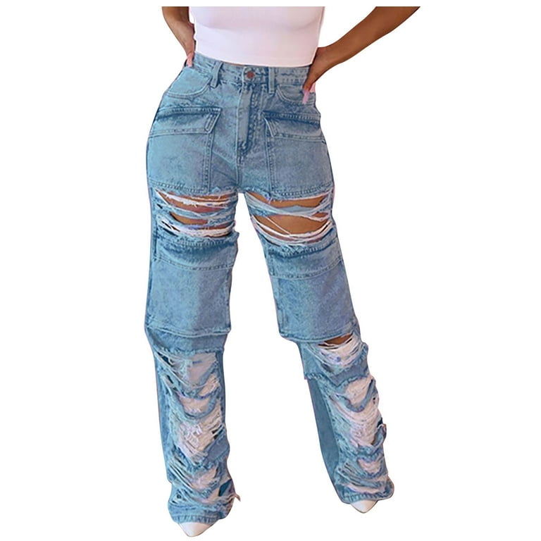 Women's Rhinestone Ripped Cargo Jeans - Distressed High Waist Straight Leg Denim Pants With Multiple Pockets