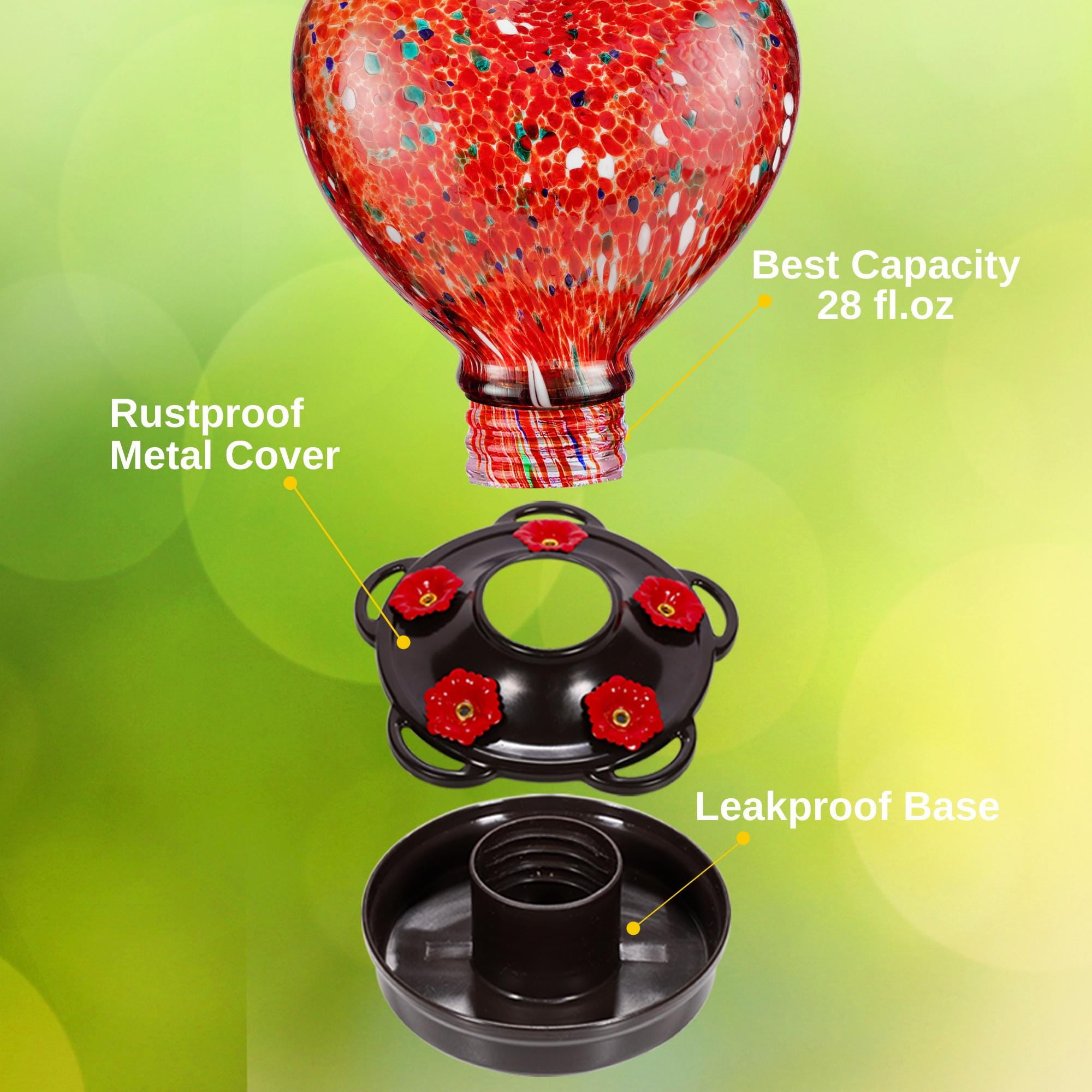 Heart Shaped Hummingbird Feeder for Outdoors Hanging, Hand Blown Glass, 28 oz, Leak Proof & Rustproof, Perfect Gift for Bird Lovers - Red