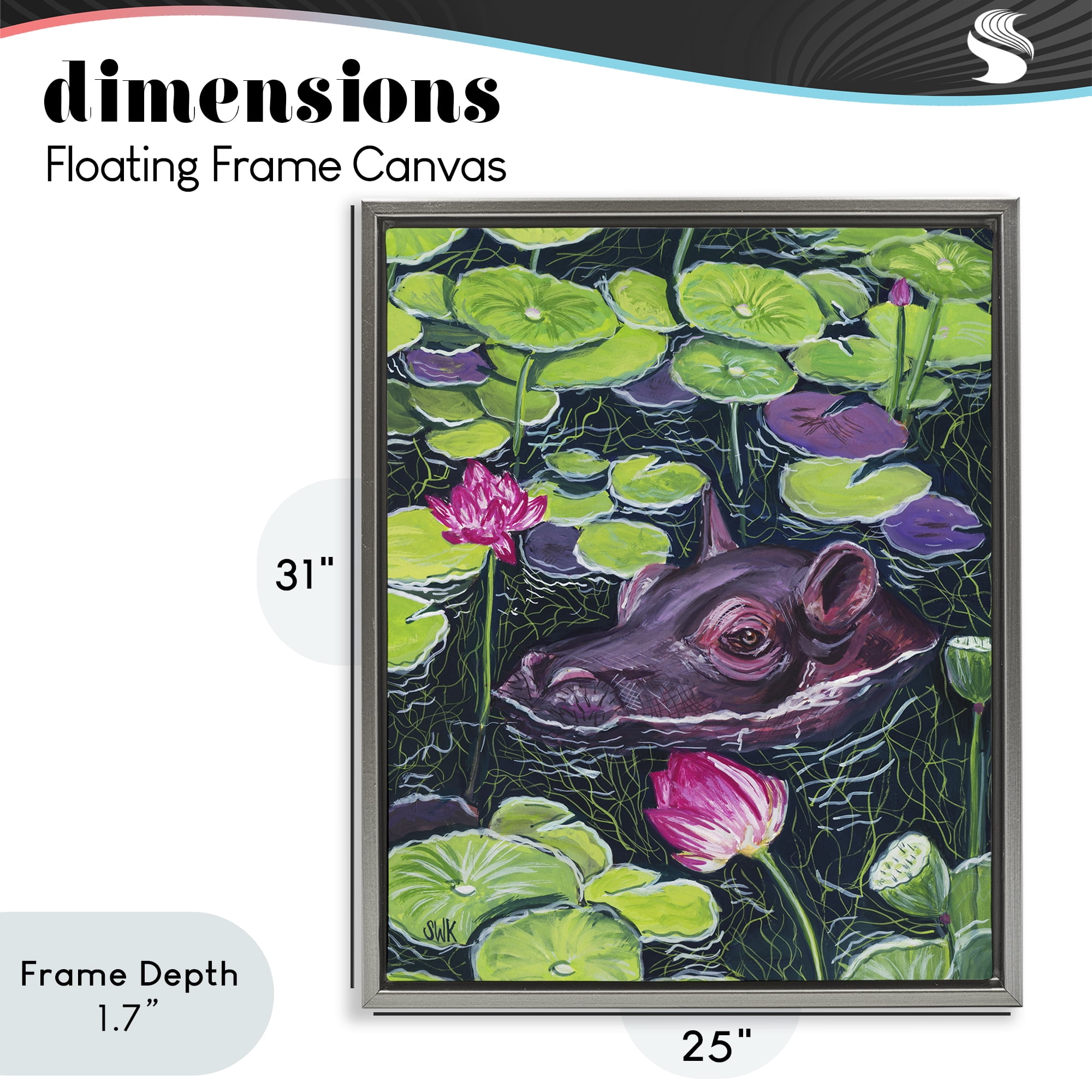 Stupell Industries Hippo & Blossoms Pond Gray Framed Floater Canvas Wall Art, design by Sarah Waldron Kimball