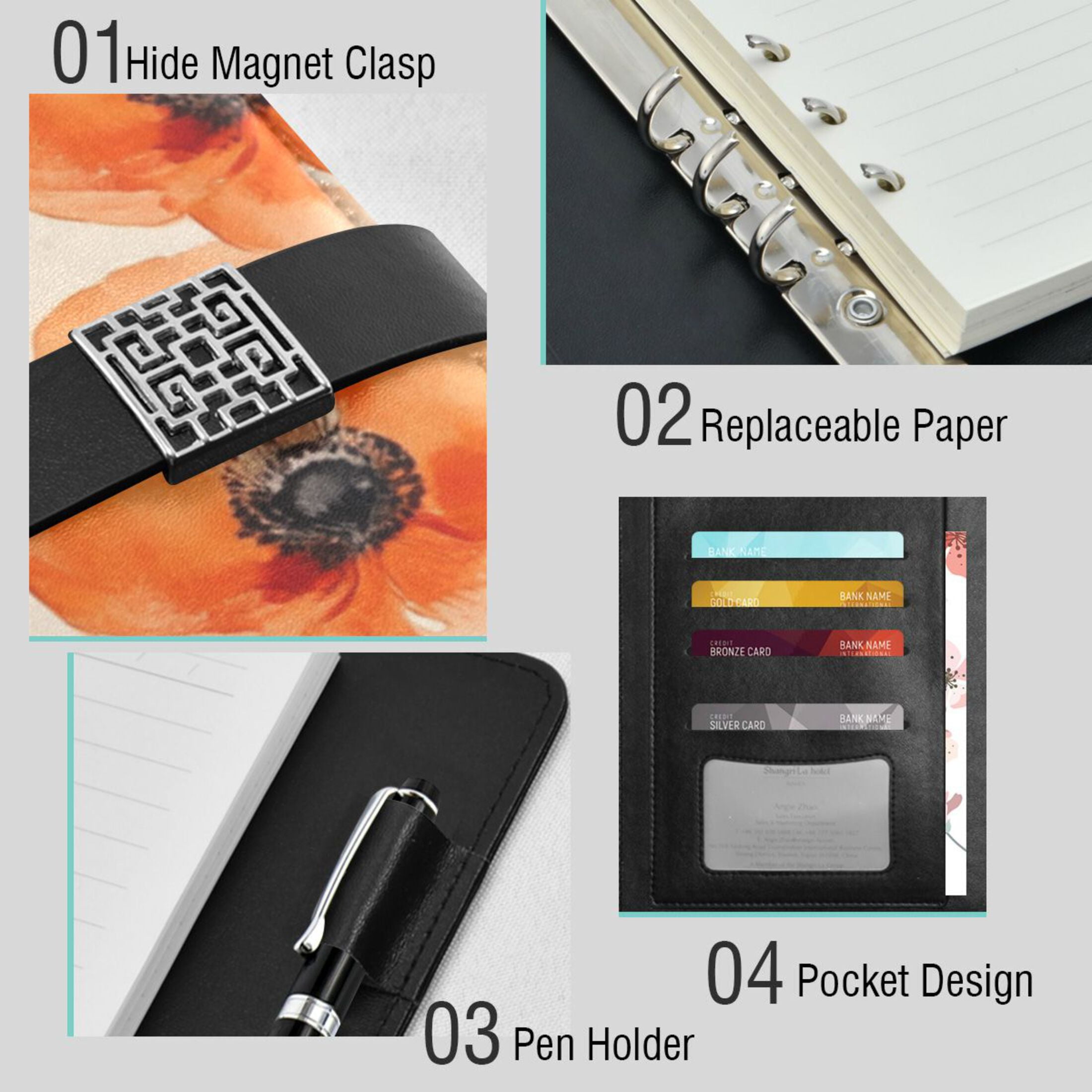 Watercolor Style Orange Flowers Leather Journal Notebook for Men Women A5 Hardcover Notebook with Pockets for Work Business Travel