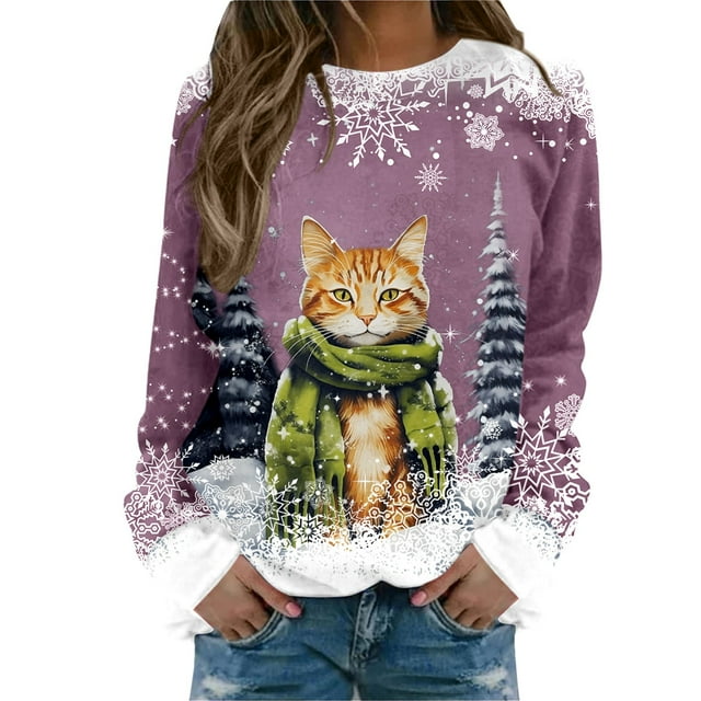 Chandail en Molleton Imprimé Joyeux Noël pour Femmes Col Rond Décontracté Manches Longues Coupe Ample Blouse d'Entraînement Col Rond Confortable