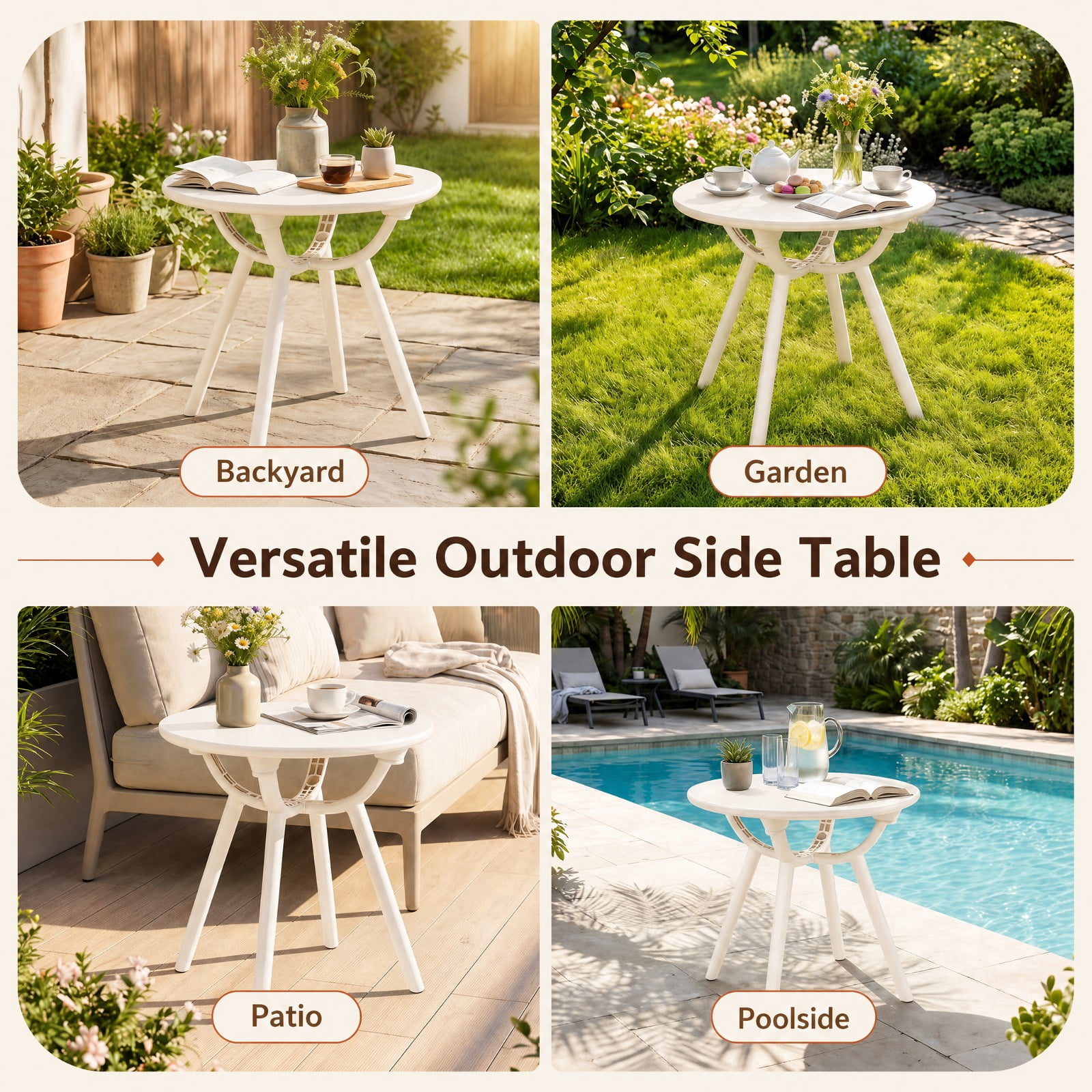 Furnibear Weather Resistant Circular Small End Table Set of 2 with Spacious Round Tops and Molded PP ABS Build for Poolside and Backyard, White