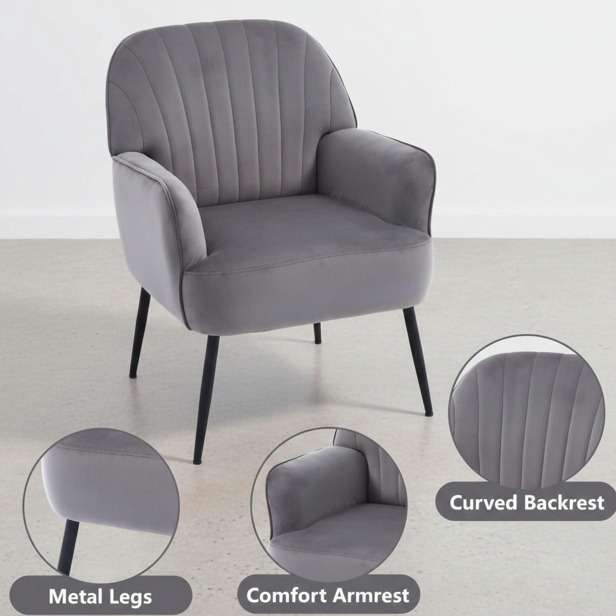 BSHTI 25" Velvet Upholstered Accent Chair with Shell-Shaped Tufted Backrest, Padded Armrests, Metal Legs for Living Room Bedroom()