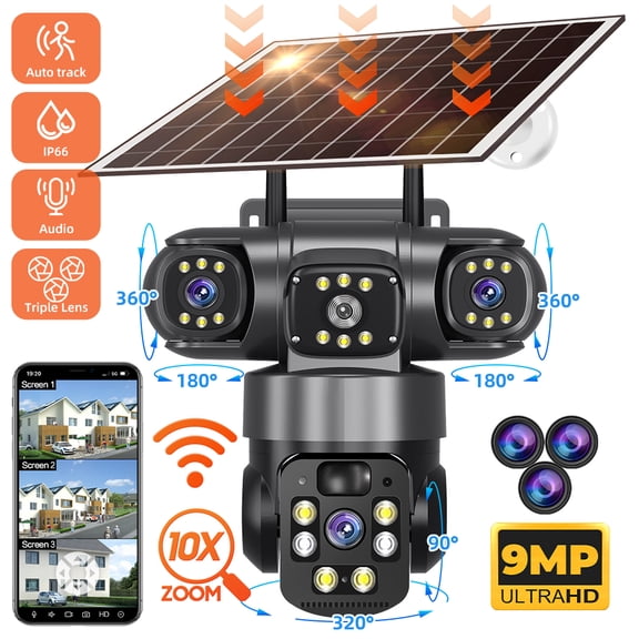 Triple Lens Solar WiFi Security Camera, Outdoor & Indoor, Motion Detection, Full-Color Night Vision