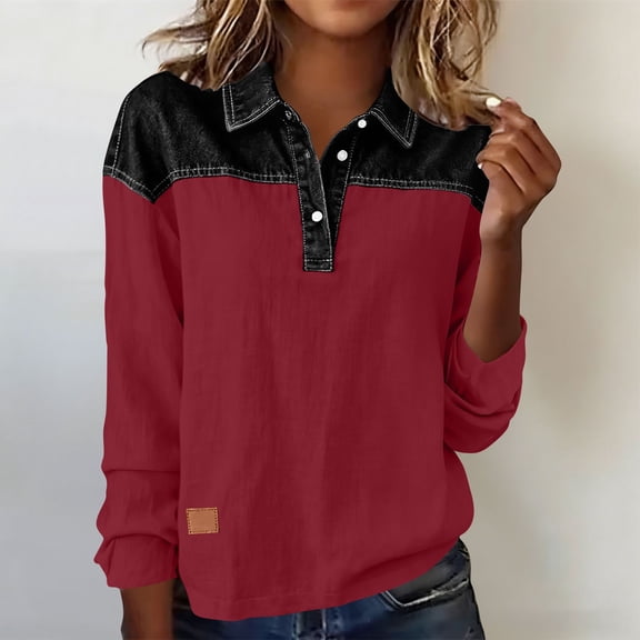 Homenesgenics Womens Tops Plus Size Spring Cotton-Linen Long Sleeve Collared Button-Up Color-Block Pullover Relaxed Fit Top/Shirt Red L