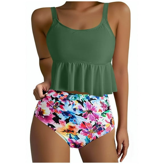 Atogsazn Womens Tankini Swimsuits Ruffled Tank Top Tummy Control Floral Modest Swimwear High Waisted Bikini 01-Army Green M
