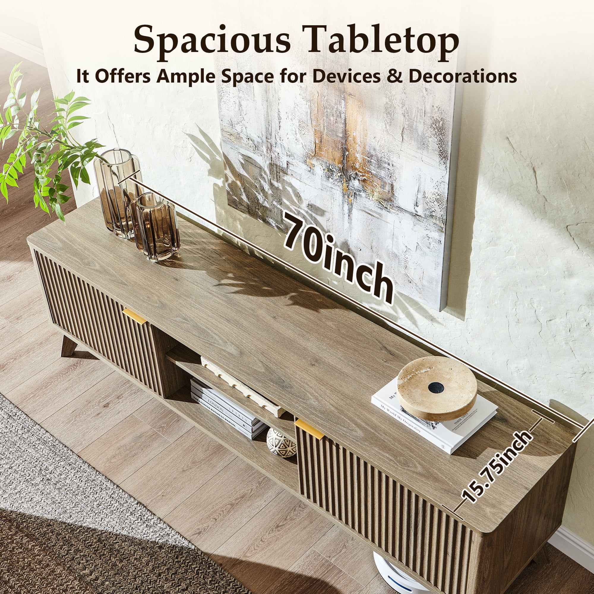 KeyWhat 70" TV Stand with 2 Soft Close Door, Modern Entertainment Center Console Table, Media Furniture for Living Room, Alder Grey