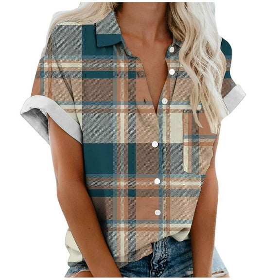 Women's Plaid Short Sleeve T Shirt Lapel Neck Button Down Open Blouses Tops Basic Work Tees Comfy Summer Clothes