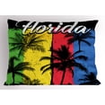 thumbnail image 1 of Florida Pillow Sham, Vertical Vibrant Color Bands with Coconut Tree Silhouettes Grunge Look Summertime, Decorative Standard Queen Size Printed Pillowcase, 30 X 20 Inches, Multicolor, by Ambesonne, 1 of 2