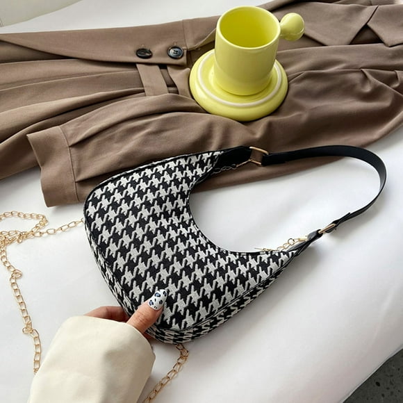 The New Korean Version Of The Thousand Bird Red Contrast Color Retro Chessboard Stick Underarm Crescent Bag Portable Shoulder Bag For Women