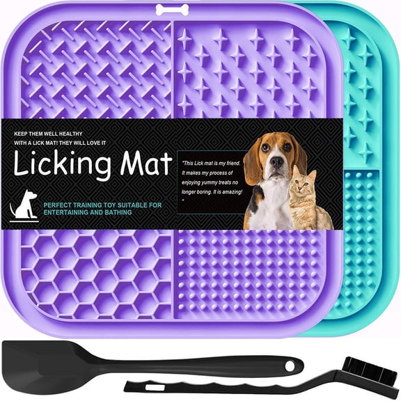 Licking Mat for Dogs & Cats 2 Pack, Slow Feeder Lick Pat, Anxiety Relief Dog Toys, Butter Yogurt Peanut, Pets Supplies Bathing Grooming Training (Cyan&Purple)