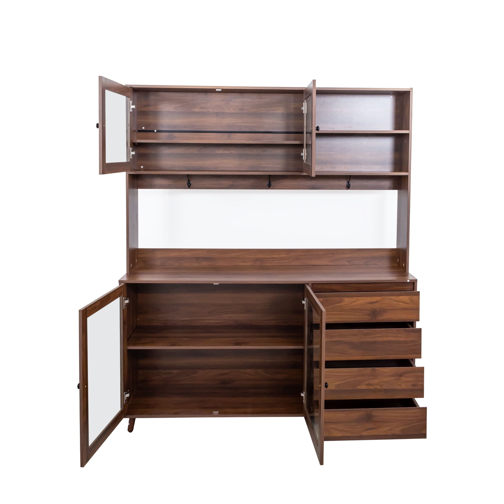 Aukfa Large Kitchen Hutch Cabinet, Pantry Cabinets w/ 4 Doors & Microwave Shelf, Walnut