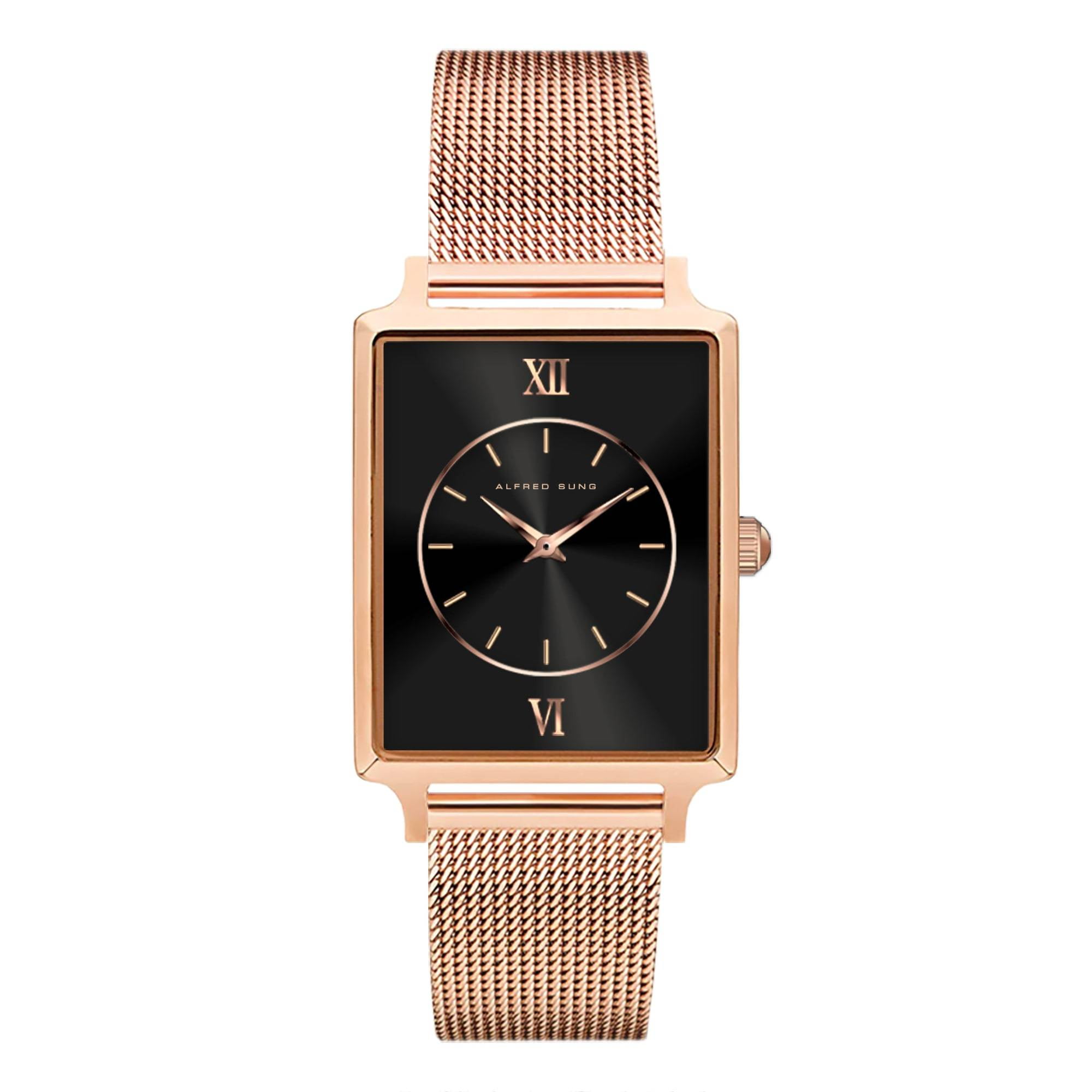 Alfred Sung Horizon Black dial Rose Gold bracelet Ladies watch