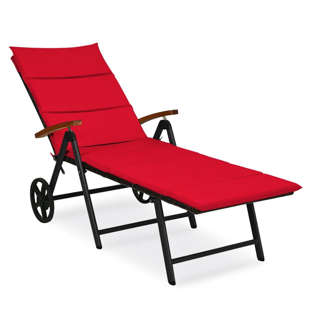 Aimee Lii Folding Patio Rattan Lounge Chair with Wheels, Patio Loungers, Red
