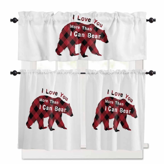 Christmas Kitchen Curtains and Valances Set, I Love You Red Plaid Bear More Than I Can Bear Rod Pocket Window Valance Window Curtain Panels for Living Room Bedroom Laundry, 27.5x36in, 3 Pieces