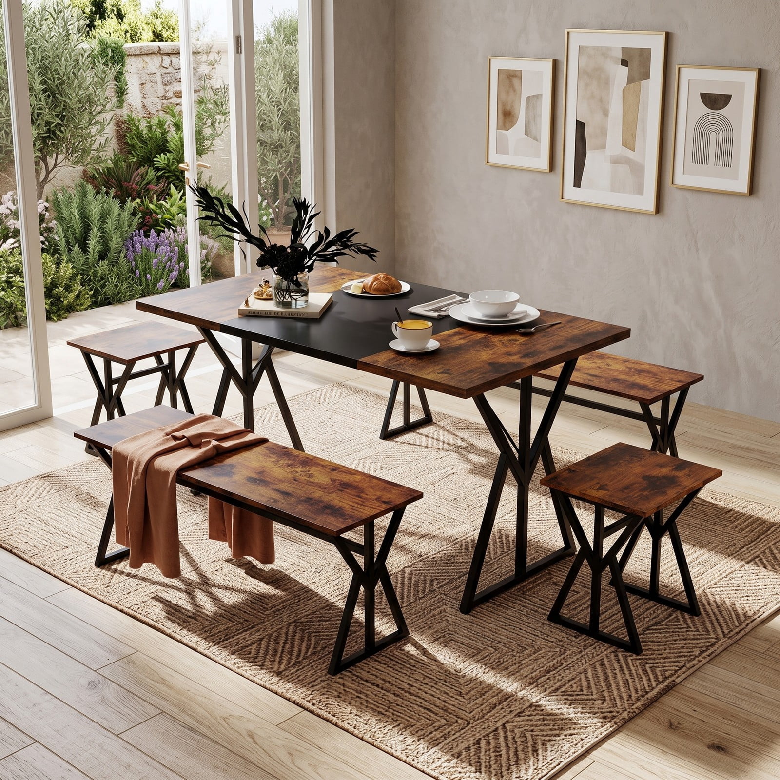 Furnibear 5 Piece Industrial Dining Set with Rectangular Table 2 Benches and 2 Stools for Kitchen Dining Room and Small Apartments, Rustic Brown