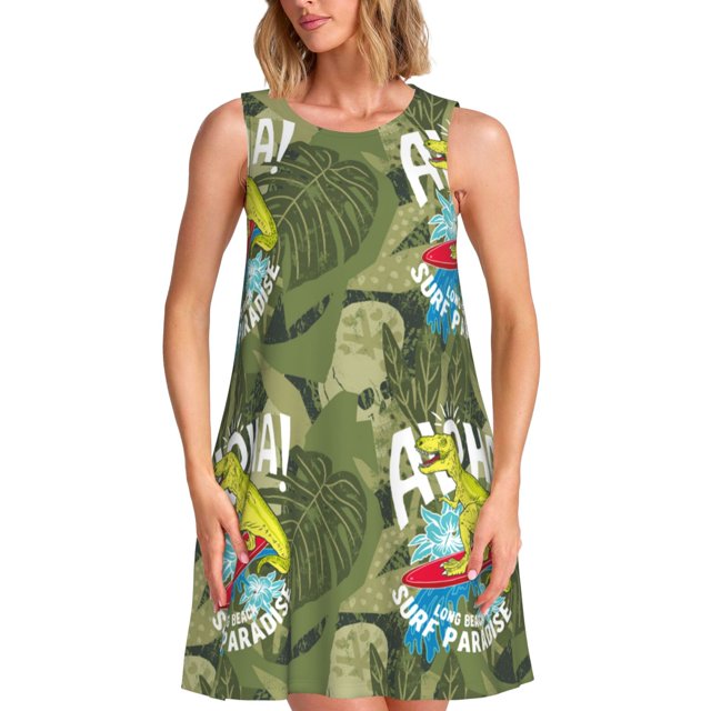 Balery Surfing Dinosaur Vestidos de verano para mujer con estampado: vestido holgado sin mangas, vestido playero informal y cómodo para días calurosos.