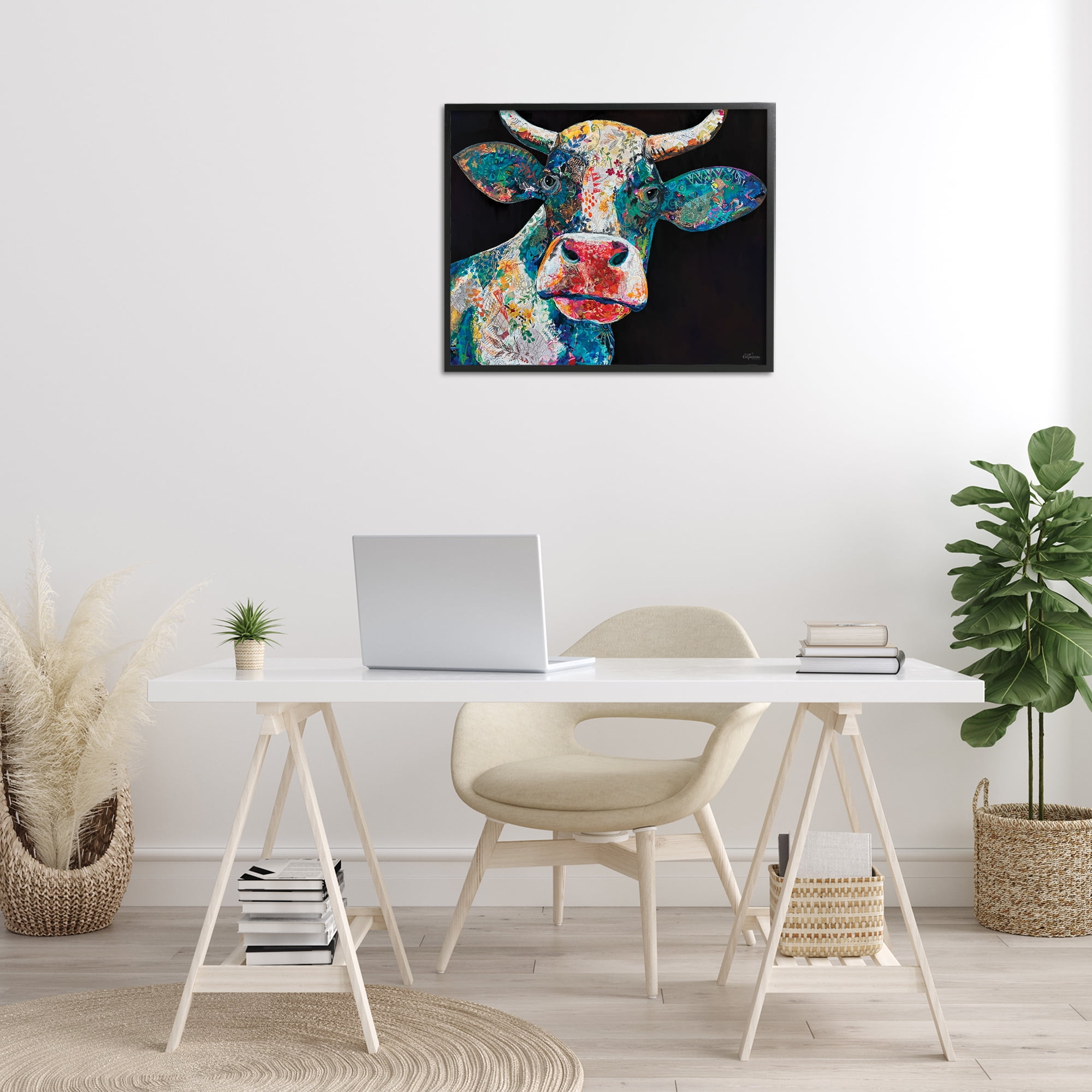 Stupell Industries Paisley Pattern Cow Animals & Insects Painting Black Framed Art Print Wall Art, 30 x 24