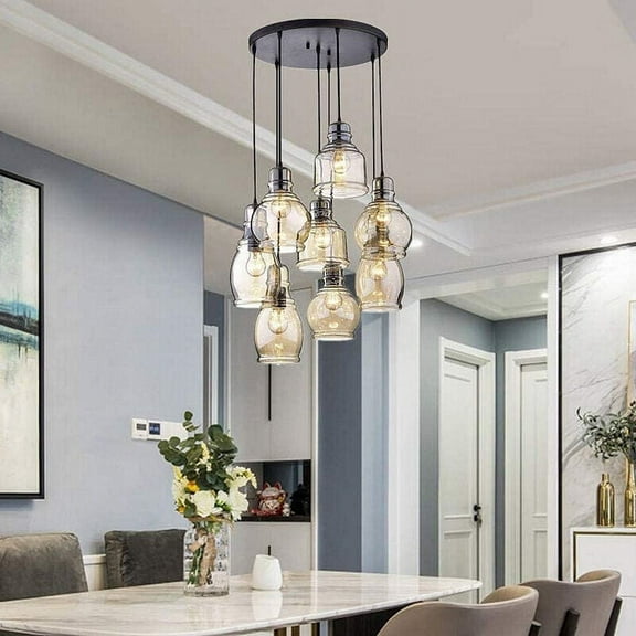 AFANQI Cognac Glass Cluster Pendant Ceiling Fixture Lamp 8 Light Round Top