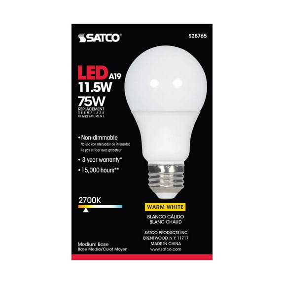 Satco S28765 A19 LED Light Bulbs 11.5W 120V 2700K 1100L E26 Medium Base Non-Dimmable (6 Pack)