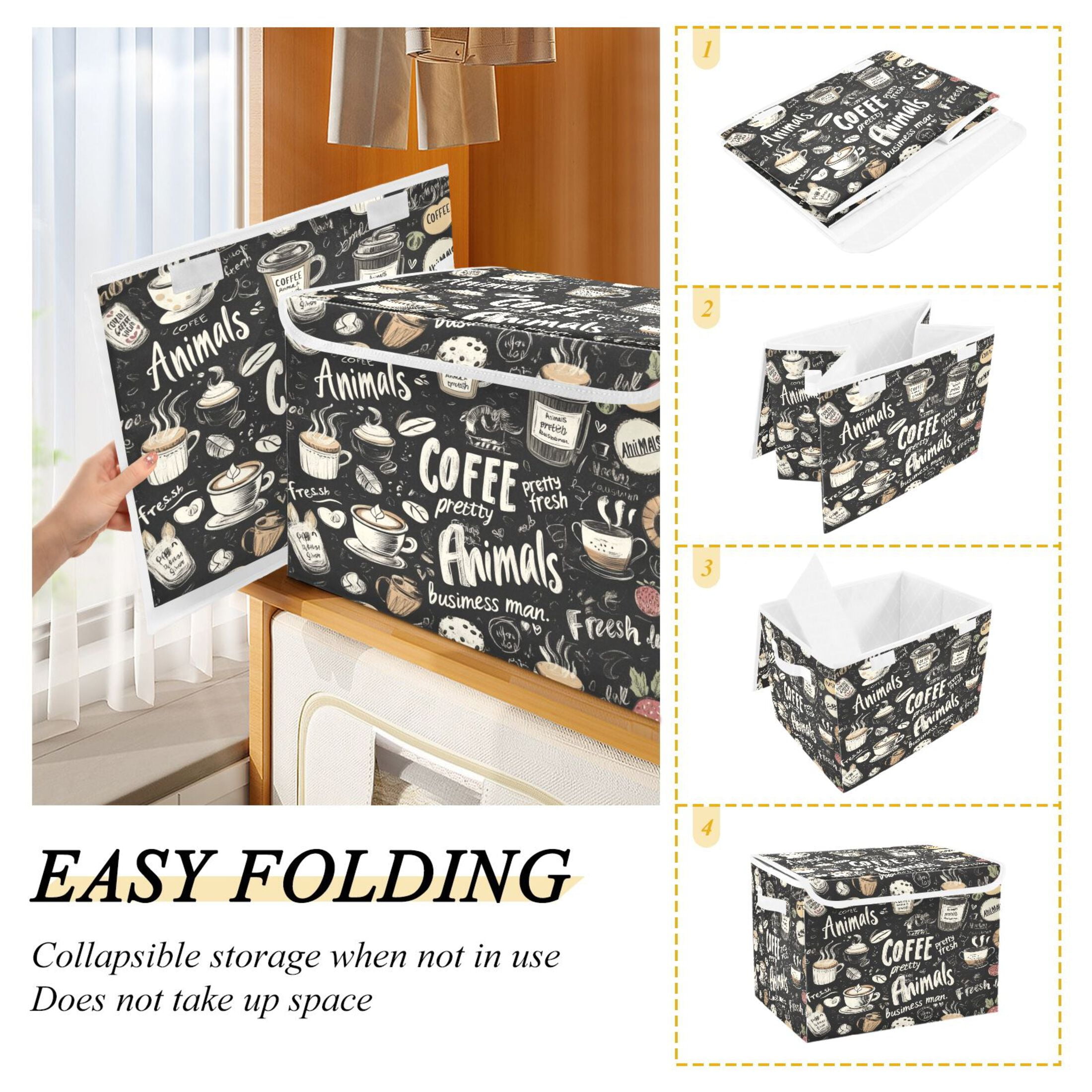 WOBOGO Coffee Picture Large Collapsible Storage Box Flip Lid Fabric Decorative Organizer Container Basket with Handles 16.5×12.6×11.8in