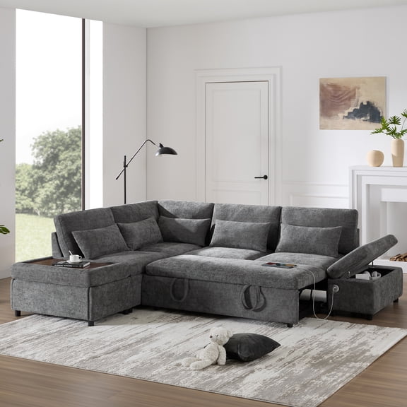 AISWORD 5 Seat L-Shaped Modular Sectional Sleeper Sofa, Pull Out Bed, Multi Storage Chaise, USB Port, Chenille Gray