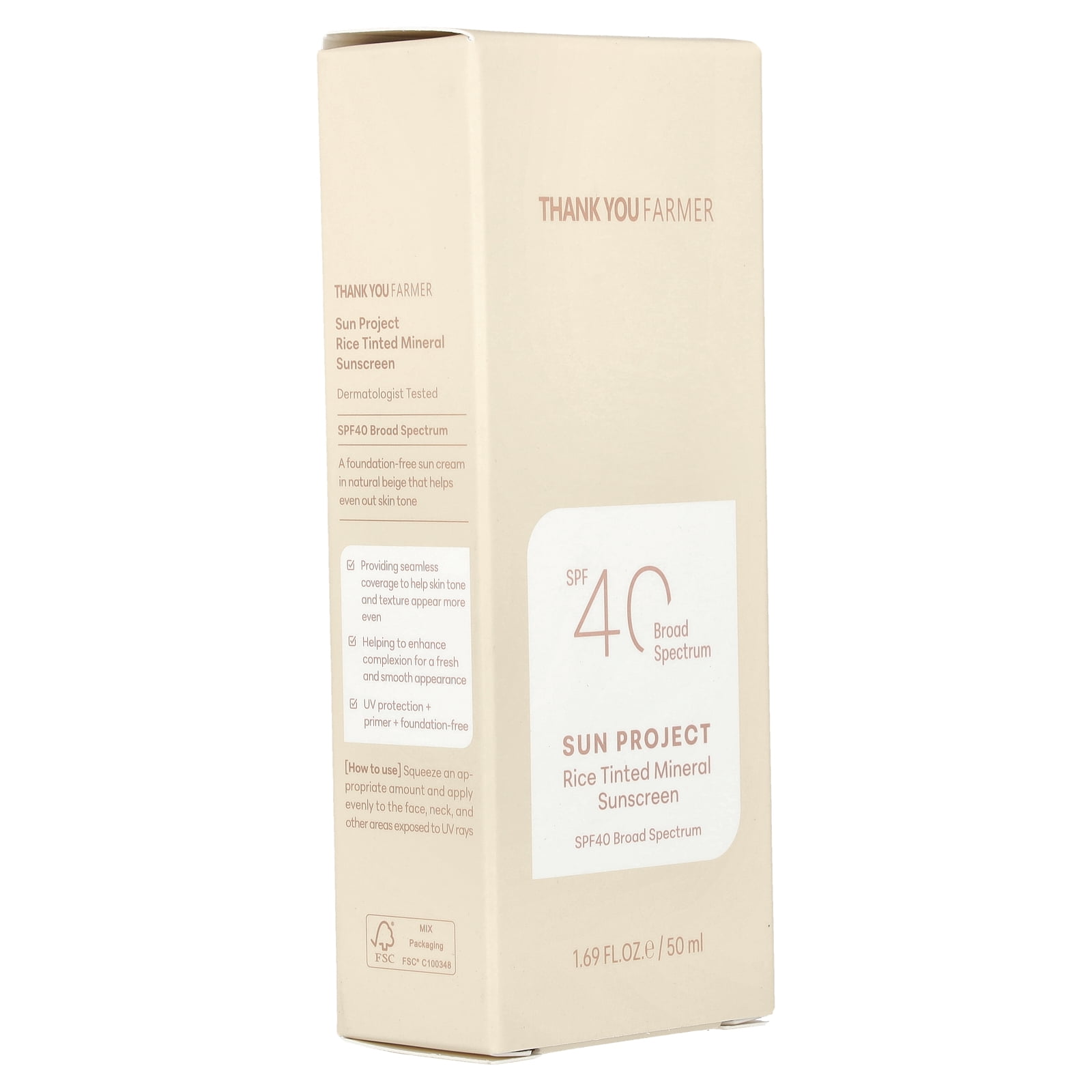Thank You Farmer Sun Project, Rice Tinted Mineral Sunscreen, SPF40, 1.69 fl oz (50 ml)