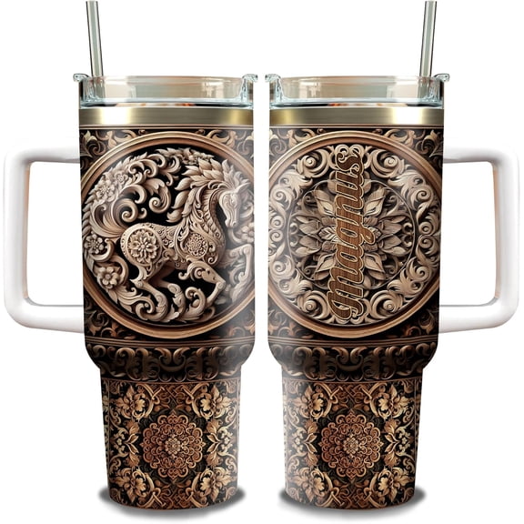 Personalized Horse Tumbler 40oz with Handle and Straw Custom Name Wooden Drawings Vacuum Tumblers Stainless Steel Travel Mug Equestrian Gifts Birthday Christmas for Men Women Animal Lover