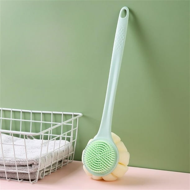 Cepillo de baño de mango largo, de pelo suave, dos en uno, para frotar la espalda, de doble cara, con bola de baño y artefacto para baño.